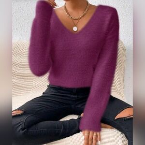 New Luxe Fluffy Knit V Neck Sweater Top Purple
